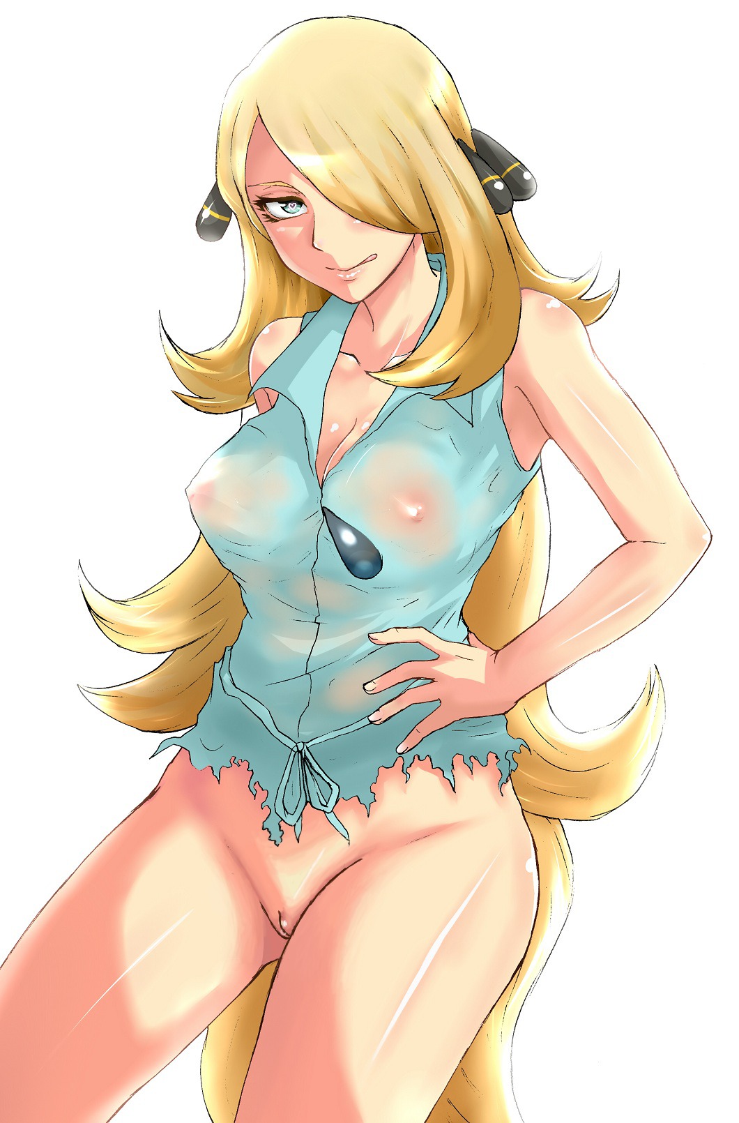 1girl :p blonde_hair blue_eyes bottomless breasts cleavage creatures_(company) cynthia_(pokemon) game_freak hair_ornament hair_over_one_eye highres huge_breasts humans_of_pokemon large_breasts long_hair nintendo nipples no_panties pokemon pokemon_(anime) pokemon_black_2_&amp;_white_2 pokemon_black_and_white pokemon_bw pokemon_bw2 pokemon_diamond_pearl_&amp;_platinum pokemon_dppt pussy satoshi_(pokemon) see-through shaved_pussy shirona_(pokemon) smile tongue tongue_out torn_clothes turizao very_long_hair white_background