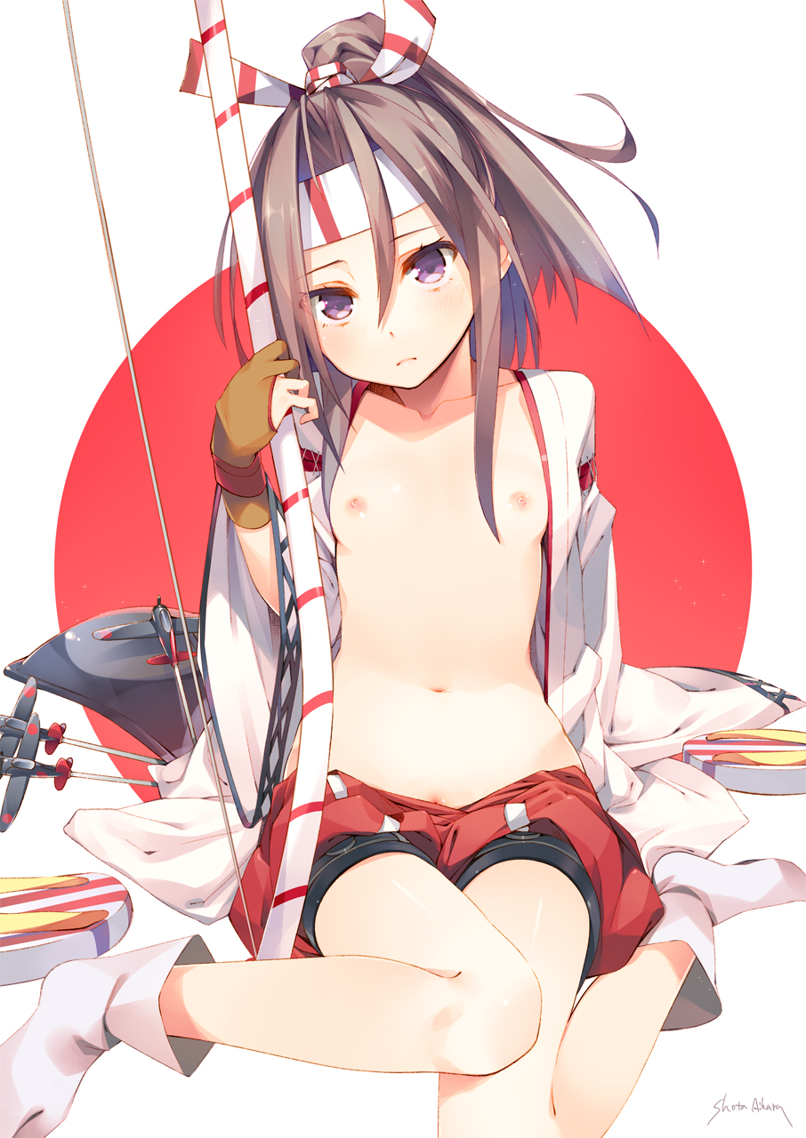 1girl airplane arrow bow_(weapon) brown_hair collarbone female hachimaki hair_ribbon headband high_ponytail highres iku_ki japanese_clothes kantai_collection kimono long_hair looking_at_viewer muneate navel nipples open_clothes personification ponytail purple_eyes pussy_peek ribbon signature single_glove small_breasts solo tabi weapon wide_sleeves zouri zuihou_(kantai_collection)