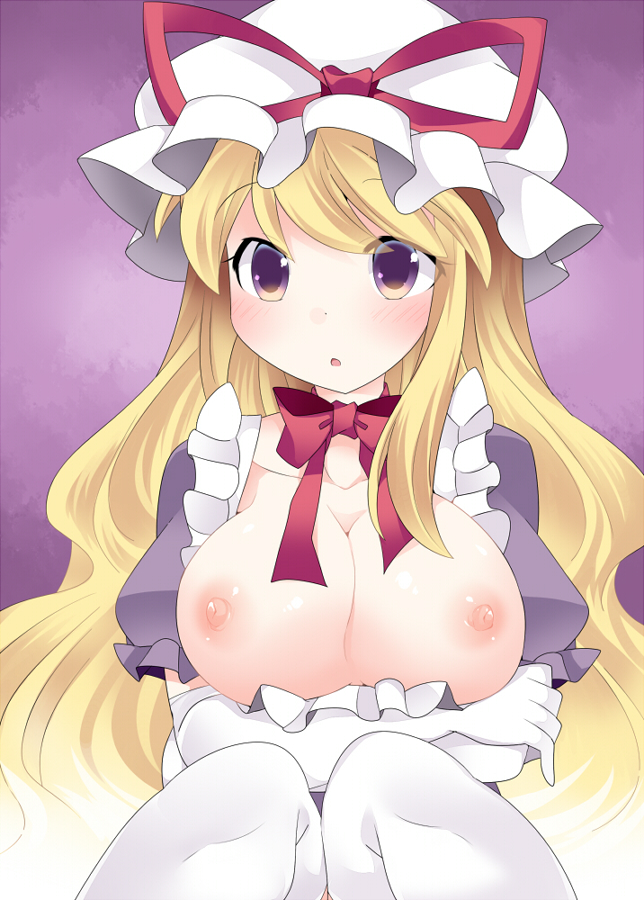 1girl blonde_hair blush breast_hold breasts choker commentary_request crossed_arms dress_pull elbow_gloves female gloves hammer_(sunset_beach) hat large_breasts looking_at_viewer nipples no_bra purple_eyes ribbon_choker solo touhou white_gloves yakumo_yukari