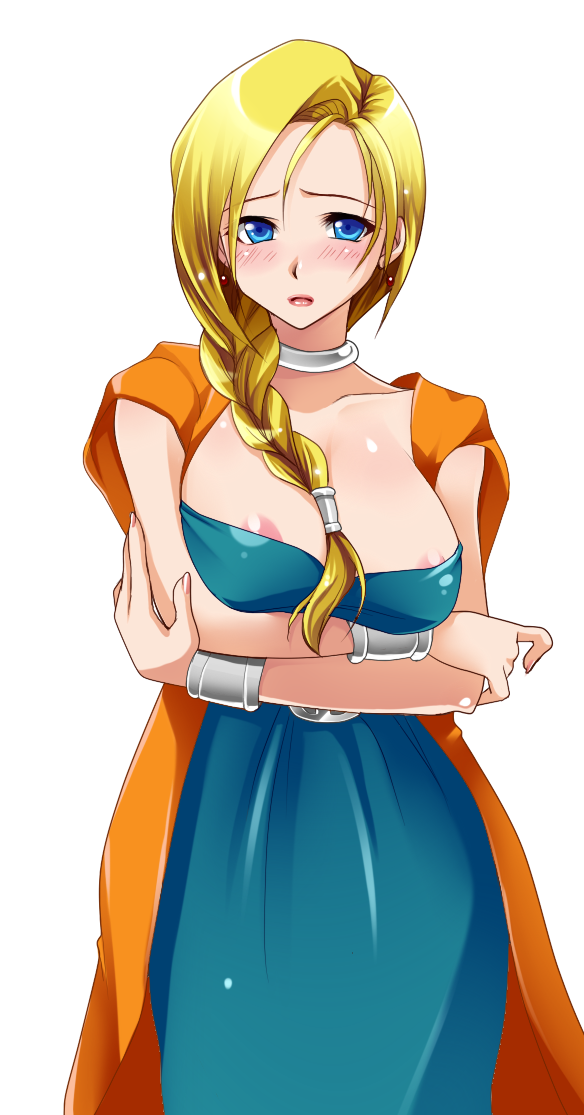1girl areola_slip areolae artist_request bianca_(dragon_quest) bianca_whitaker blonde_hair blue_eyes blush braid braided_hair breasts cape crossed_arms dragon_quest dragon_quest_v dress earrings embarrassed female hair_over_shoulder highres huge_breasts jewelry large_breasts long_hair looking_at_viewer milf nude simple_background single_braid solo square_enix standing white_background
