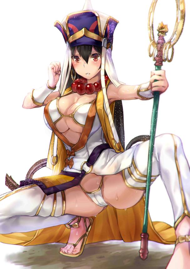 1girl 1girl armadillo-tokage ass bikini black_hair blush bracer breasts brown_hair cleavage earrings fate/grand_order fate_(series) hat huge_breasts jewelry long_hair necklace sandals squatting staff stockings sweat swimsuit video_game_character video_game_franchise white_bikini white_thighhighs xuangzang_sanzang_(fate)