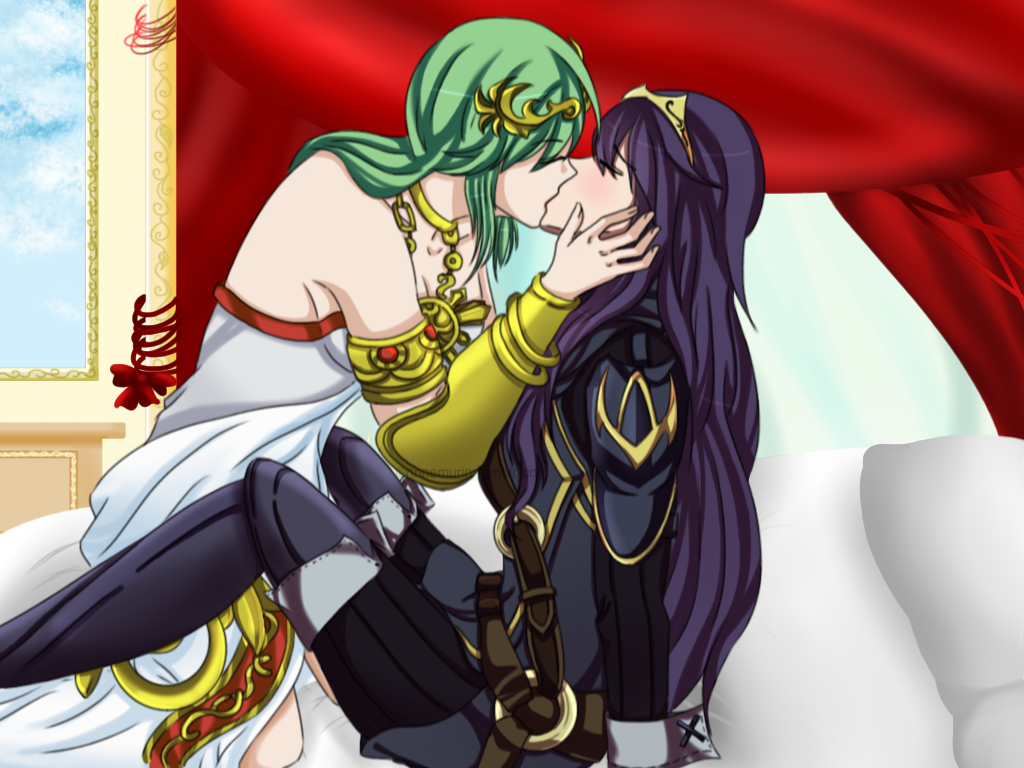2_girls alluring armlet armor artist_request bad_id bare_shoulders bed belt blue_hair blush boots bracer breasts circlet closed_eyes crossover crown fire_emblem fire_emblem_awakening gold green_hair hair_over_eyes jewelry kid_icarus kissing long_hair lots_of_jewelry lucina lucina_(fire_emblem) multiple_girls necklace nintendo palutena tiara very_long_hair yuri