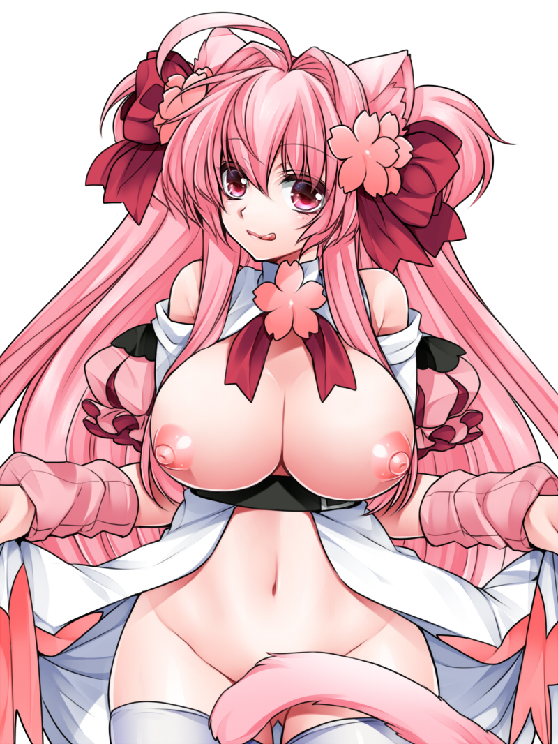 1girl :q ahoge animal_ears blush breasts cat_ears cat_tail detached_sleeves female flower hair_flower hair_ornament hair_ribbon huge_breasts komomo_(tk) large_breasts long_hair looking_at_viewer navel nipples original pink_eyes pink_hair ribbon simple_background smile solo tail takatsuki_ichi thighhighs tongue tongue_out white_background white_legwear