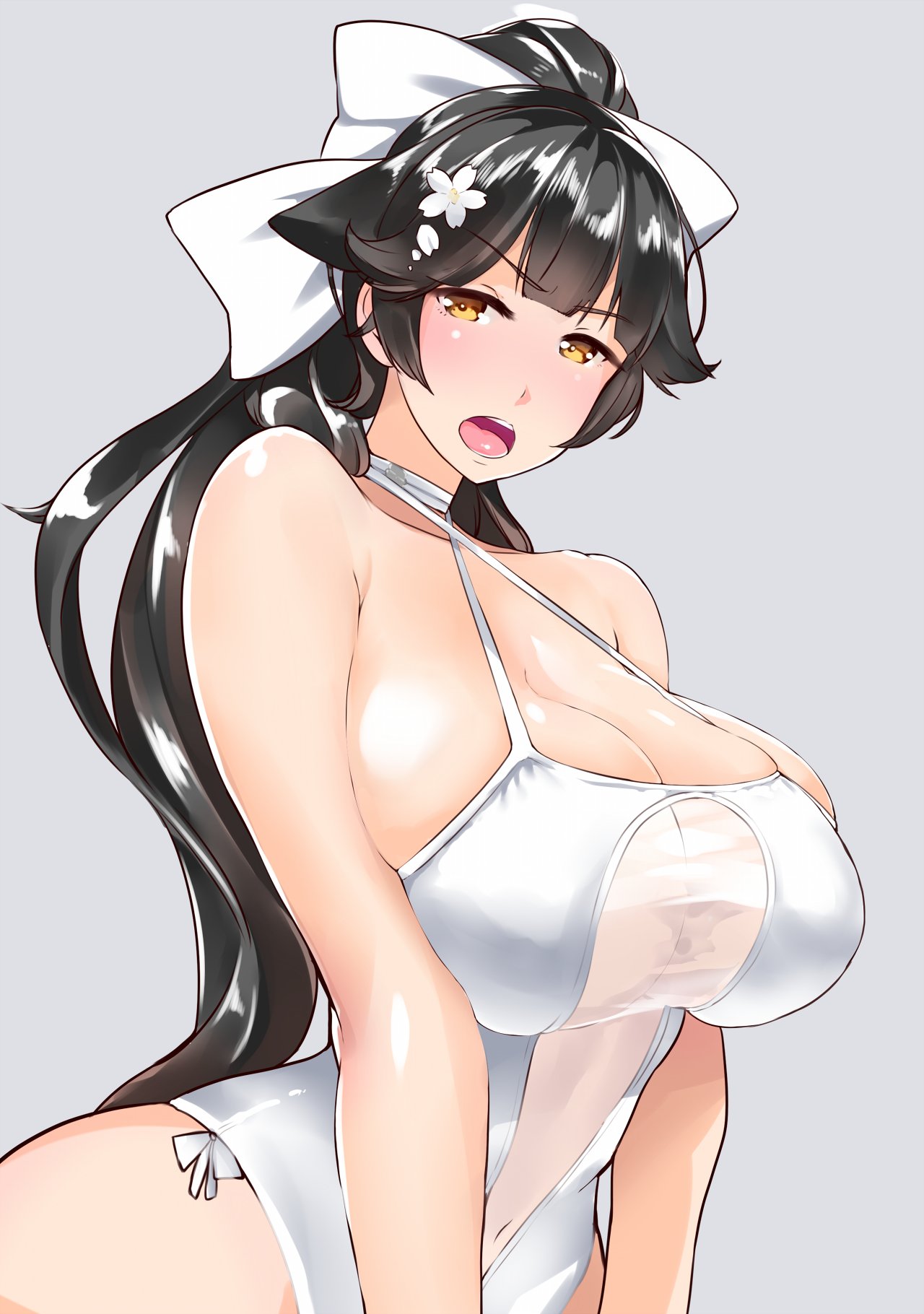 1girl azur_lane bangs black_hair blunt_bangs blush bow breasts choker cleavage covered_navel flower grey_background hair_bow hair_flower hair_ornament half-closed_eyes high_ponytail highleg highleg_swimsuit huge_breasts long_hair looking_at_viewer one-piece_swimsuit open_mouth ponytail simple_background swimsuit takao_(azur_lane) teeth tongue white_swimsuit yellow_eyes