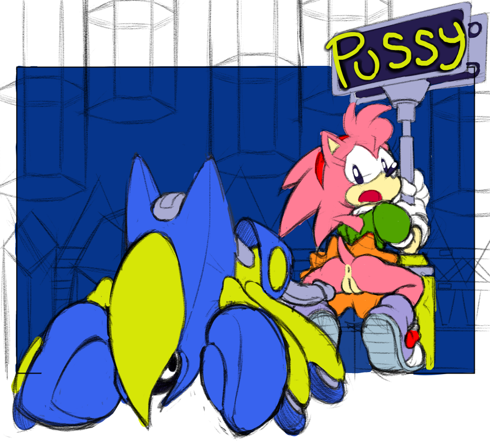 1girl amy_rose amy_rose_(classic) anthro anus artist_name badnik cave conveyor_belt crystal dress exposed_pussy fur furry gloves hotred imminent_sex is is_(artist) looking_back open_mouth penis pink_fur pink_hair pussy robot rosy_the_rascal scorpion sega shoes sign sketch skirt skirt_lift sonic_(series) style_parody tail work_in_progress worried