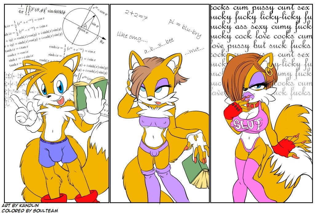 bimboification book breasts english_text equation gloves kandlin miles_"tails"_prower navel open_book sega sonic_*(series) sonic_the_hedgehog_(series) soulteam text transformation trigonometry