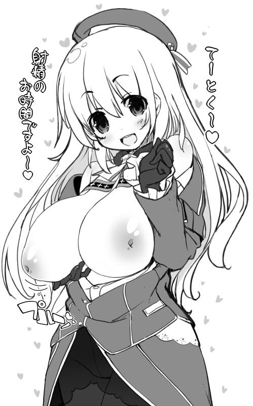 1girl :d atago_(kantai_collection) blush breasts breasts_outside crotch_seam female gloves hat inverted_nipples itou_life kantai_collection large_breasts long_hair looking_at_viewer military military_uniform monochrome nipples open_mouth pantyhose personification smile solo translated uniform