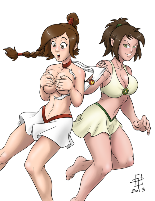 2013 2_girls avatar:_the_last_airbender bare_legs bare_shoulders barefoot big_breasts bikini bikini_top_removed braid breast_squish breasts_together brown_hair callmepo choker clothes_removed clothing color colored covering covering_breasts cute devious_smile earth_kingdom female_only fire_nation high_ponytail human jin_(avatar) light-skinned_female light_skin long_hair looking_at_own_breasts looking_at_viewer matching_outfits midriff multiple_females prank removing_clothing running shocked skirt smile straight_hair suddenly_naked surprised swept_bangs swimsuit teen tied_hair topless ty_lee undressing_another western_cartoon wide_eyed
