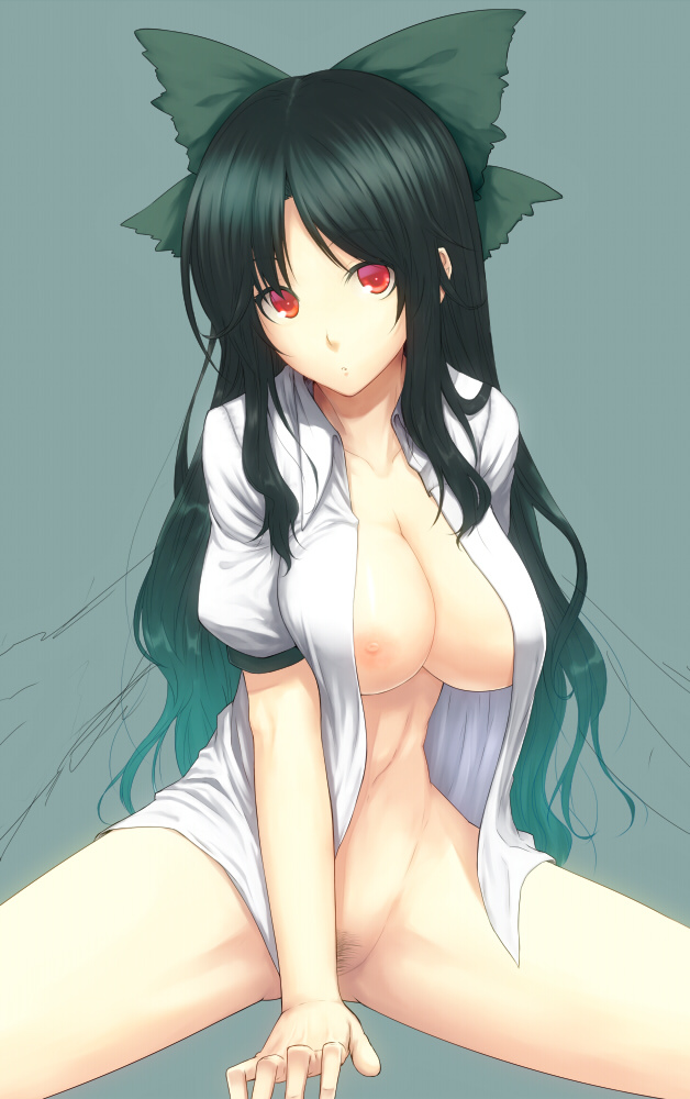 1girl :o black_hair bottomless bow breasts censored cleavage convenient_censoring female green_background hair_bow head_tilt hiroya_juuren large_bow large_breasts long_hair naked_shirt nipples no_panties open_clothes open_shirt pubic_hair red_eyes reiuji_utsuho shirt simple_background sitting solo spread_legs stare staring touhou wings