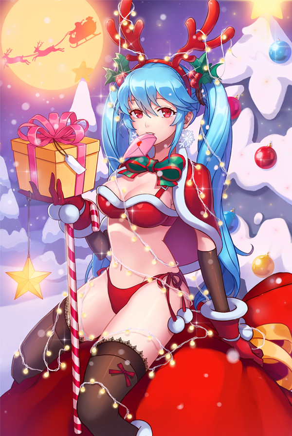 1girl arm_support artist_request bikini blue_hair boots box breasts christmas cleavage fur_trim futanari gift gift_box gloves hair_ornament hat heart letter long_hair looking_at_viewer mouth_hold navel ornament red_eyes ribbon sack santa_boots santa_costume side-tie_bikini sitting snowflakes solo star swimsuit sword_girls thighhighs twintails very_long_hair