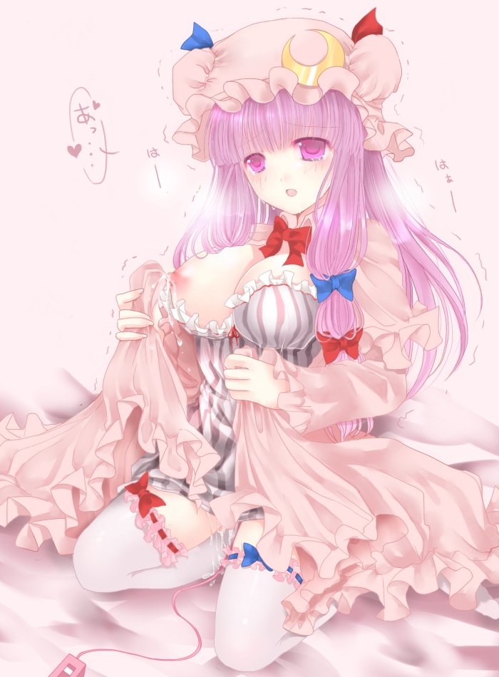 1girl blush bow breast_slip breasts crescent crescent_moon female hair_bow hat heart lactation large_breasts long_hair masturbation moon nipples one_breast_out open_mouth patchouli_knowledge purple_eyes purple_hair pussy_juice rara419 seiza sitting solo spoken_heart tears thighhighs touhou trembling vibrator white_legwear