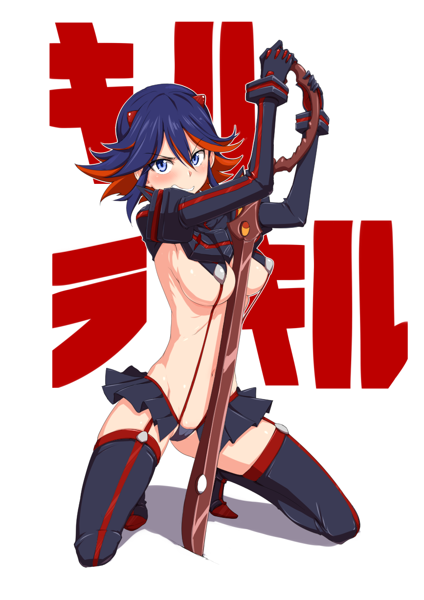 1girl background_text blue_eyes boots breasts clearite clenched_teeth copyright_name gloves hairpods highres horns kill_la_kill matoi_ryuuko midriff multicolored_hair navel planted_weapon red_hair revealing_clothes scissor_blade senketsu short_hair skirt solo squatting suspenders sword teeth thigh_boots thighhighs two-tone_hair underboob weapon