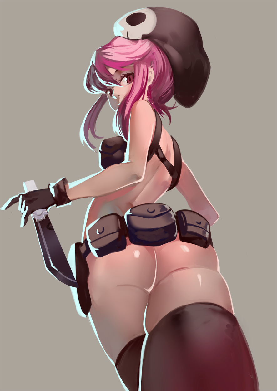 1girl alternate_costume ass club3 from_behind from_below gloves hat highres holster jakuzure_nonon kill_la_kill knife looking_at_viewer looking_back nanaya_(daaijianglin) no_panties nude nudist_beach_uniform payot perspective pink_eyes pink_hair pouch pouches sidelocks skull solo spoilers thighhighs
