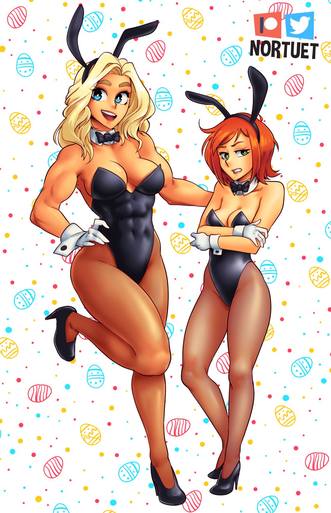 2_girls beverly_(nortuet) big_breasts blonde_hair blue_eyes breasts bunny_girl bunnysuit cleavage curvy easter embarrassed embarrassment female_only green_eyes happy_female long_hair looking_aside medium_hair multiple_girls muscular muscular_female nortuet nortuet_universe open_mouth orange_hair original red_hair shy small_breasts smile tara_(nortuet) wide_hips