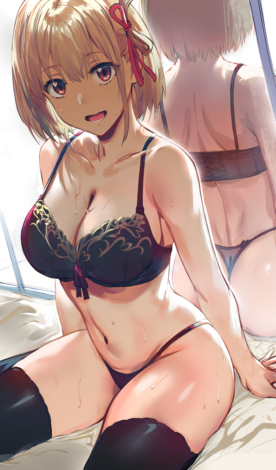 1female 1girl 1girl 1girl ass big_breasts big_breasts blonde_hair bra breasts bulging_breasts chisato's_thighs clothed_female curvaceous curvy_body curvy_female curvy_figure eye_contact female_focus female_only hair_ribbon hews_hack latex_thighhighs legwear light-skinned_female light_skin lingerie looking_at_viewer lycoris_recoil mirror nishikigi_chisato panties red_eyes seductive_eyes seductive_look short_hair solo_female solo_focus stockings tagme teen thick_thighs thighs thong voluptuous_female