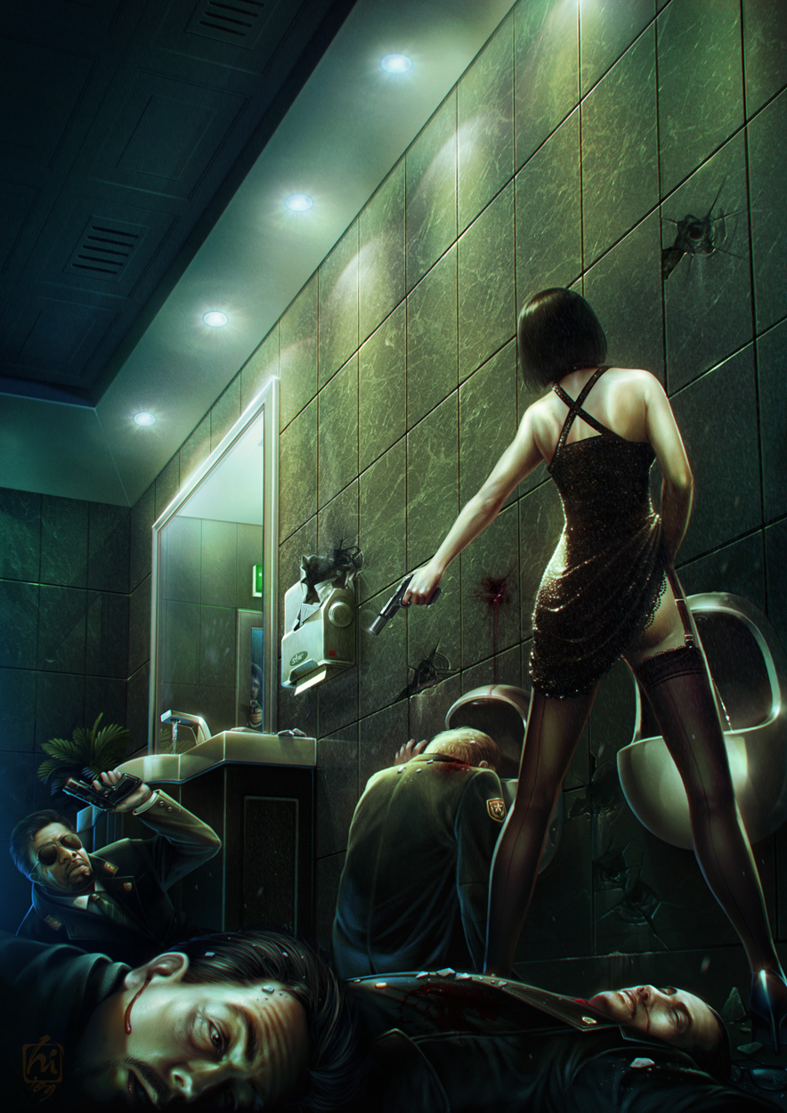 1girl bathroom blood gun irawan peeing public_restroom urinal