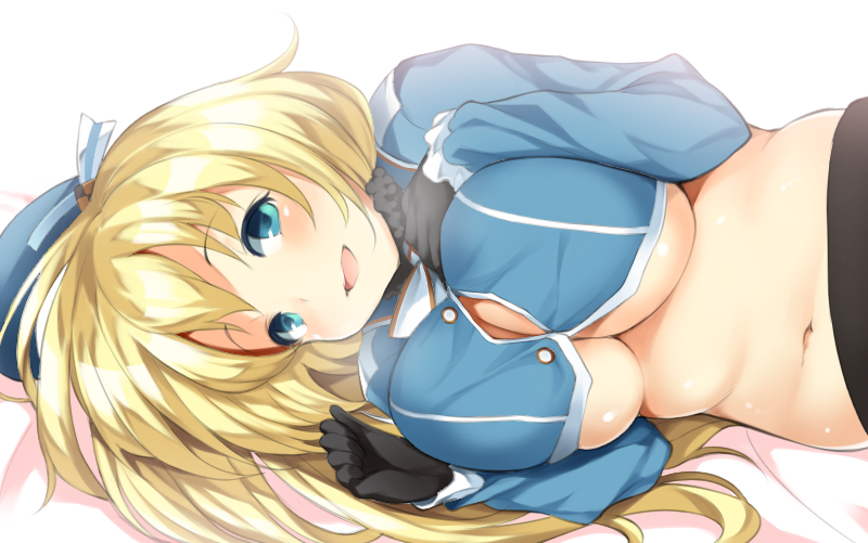 1girl atago_(kantai_collection) black_gloves blonde_hair blush breasts female gloves green_eyes hat kantai_collection large_breasts long_hair looking_at_viewer lying military military_uniform on_side open_mouth pantyhose pokachu shiny shiny_skin smile solo underboob uniform