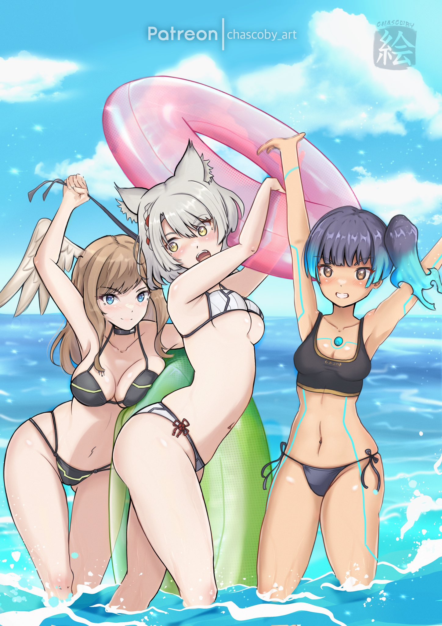 3_girls absurd_res alluring alternate_costume arms_up bare_shoulders big_breasts bikini black_bikini black_swimsuit blue_eyes blue_hair blush breast_tattoo breasts brown_eyes brown_hair cat_ears cat_girl chascoby choker cleavage core_crystal detailed_background eunie_(xenoblade) female_only fiery_hair high_res long_hair looking_at_viewer midriff mio_(xenoblade) monolith_soft navel nintendo ponytail pool_float sena_(xenoblade) short_hair side_ponytail silver_hair small_breasts swimsuit tattoo under_boob water wet white_bikini white_swimsuit wings xenoblade_(series) xenoblade_chronicles_3 yellow_eyes