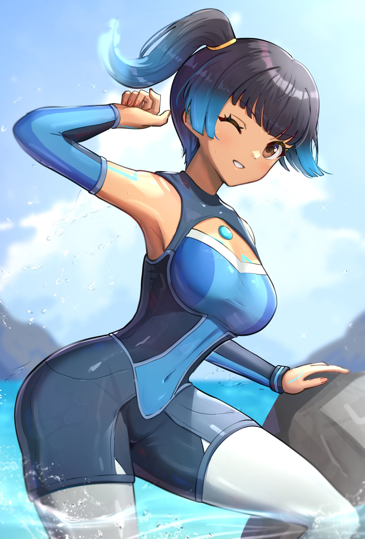1girl absurd_res alluring arms_up ass bare_shoulders blue_hair blue_swimsuit breasts bubble_butt core_crystal curvaceous curvy detached_sleeves female_only fiery_hair gonzarez high_res hourglass_figure jpeg large_ass looking_at_viewer medium_breasts midriff monolith_soft navel nintendo one-piece_swimsuit one_eye_closed ponytail sena_(xenoblade) short_hair side_ponytail stockings swimsuit thick_ass thick_thighs thighs voluptuous water wet wetsuit white_thighhighs wide_hips wink winking_at_viewer xenoblade_(series) xenoblade_chronicles_3