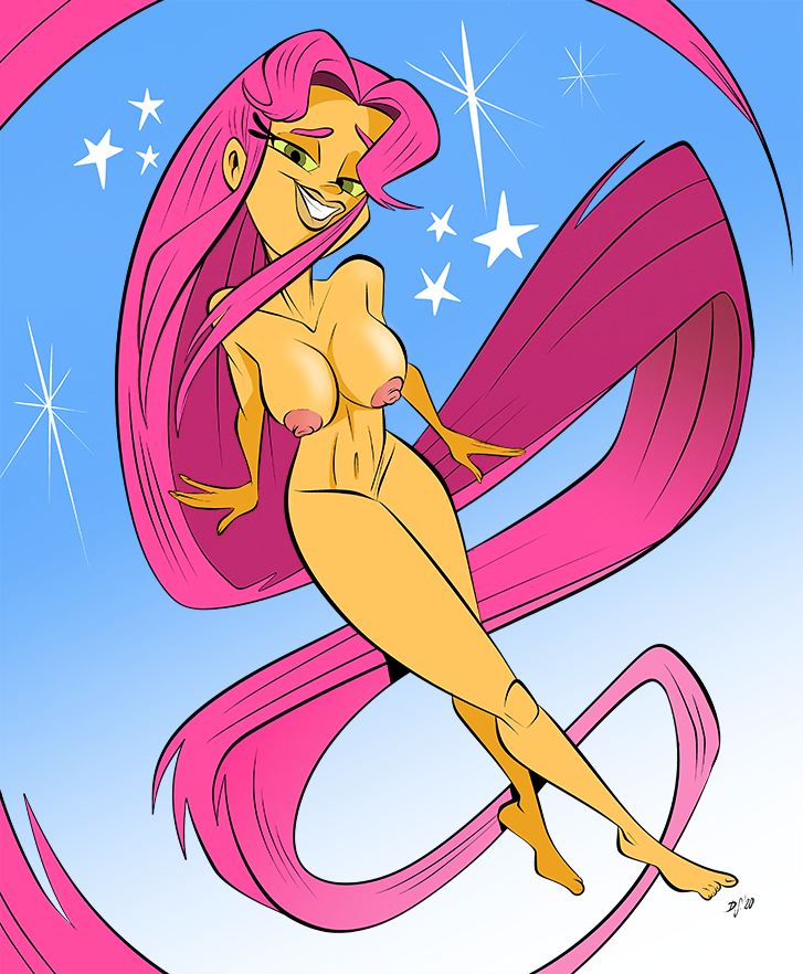 1girl 2020 alien alien_girl bare_legs barefoot blue_background breasts cartoon_network cute dc_comics eyebrows eyelashes feet female_only green_eyes lipstick long_hair looking_at_viewer navel nipples older older_female pink_hair pink_nipples sexy sexy_body sexy_breasts sexy_legs starfire stars teen_titans themrock toes young_adult young_adult_female young_adult_woman