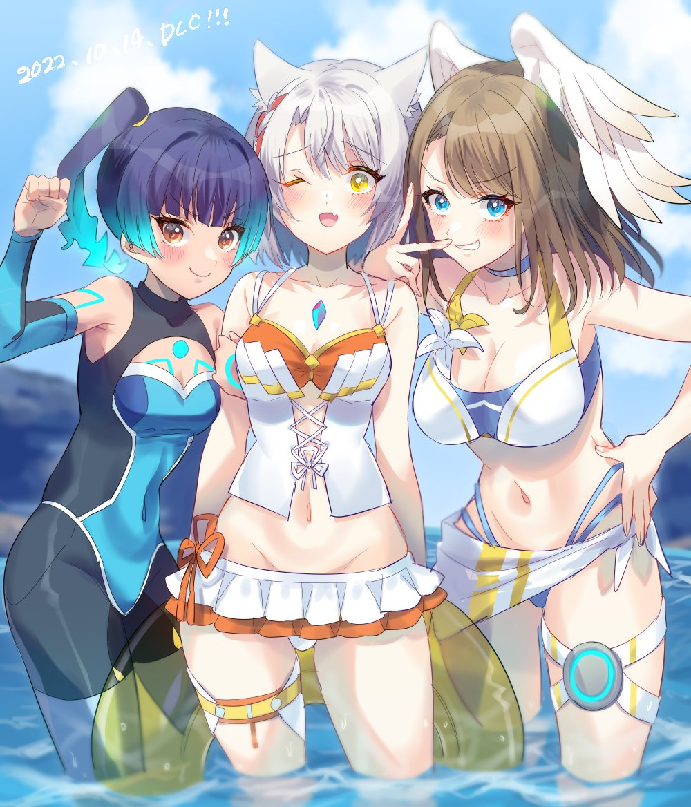 3_girls alluring arms_linked beach big_breasts bikini blue_bikini blue_eyes blue_hair blush breast_size_difference breasts brown_eyes brown_hair cat_ears cat_girl choker cleavage core_crystal cute day eunie_(xenoblade) female_only fist_pump friends gold_eyes hand_on_hip high_res himono_xeno holding_object innertube knee_deep leglet light-skinned_female medium_breasts midriff mio_(xenoblade) mischievous_smile navel nintendo ocean one_eye_closed orange_bikini orange_eyes outside png sena_(xenoblade) silver_hair small_breasts smile standing swimsuit teen the_finger thick_thighs thighs up_yours wading water wet wetsuit wide_hips wings wink xenoblade_(series) xenoblade_chronicles_3 yellow_eyes