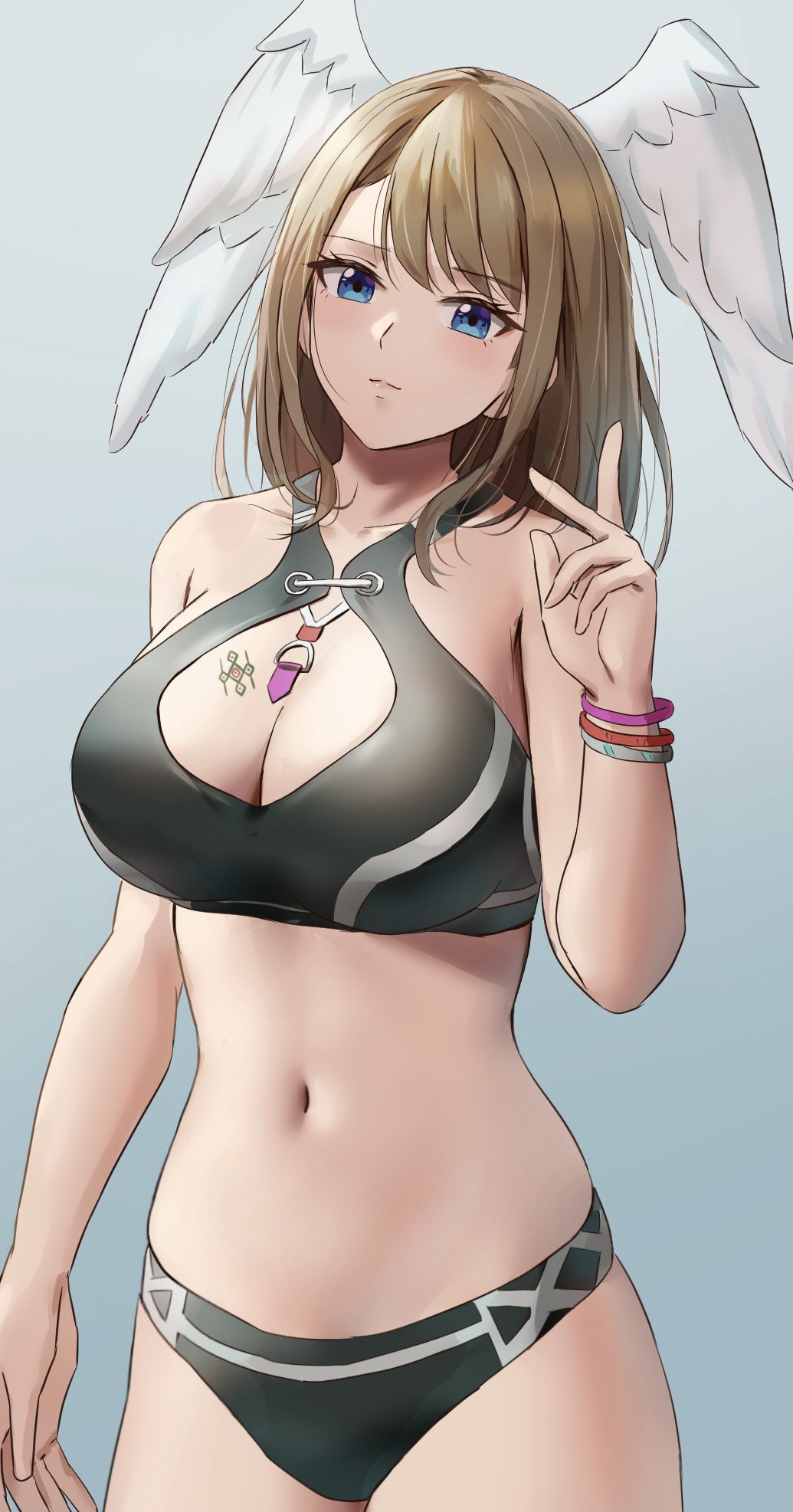 1girl 1girl alluring alternate_costume amayo_thranana asymmetrical_bangs bangs big_breasts big_breasts bikini black_bikini black_swimsuit blue_eyes blush bracelet breast_tattoo breasts brown_hair cleavage cleavage_cutout closed_mouth curvaceous curvy eunie_(xenoblade) female_only fiora_(cosplay) grin high_res hourglass_figure long_hair monolith_soft nintendo official_alternate_costume smile swimsuit tattoo wide_hips wings xenoblade_(series) xenoblade_chronicles_3