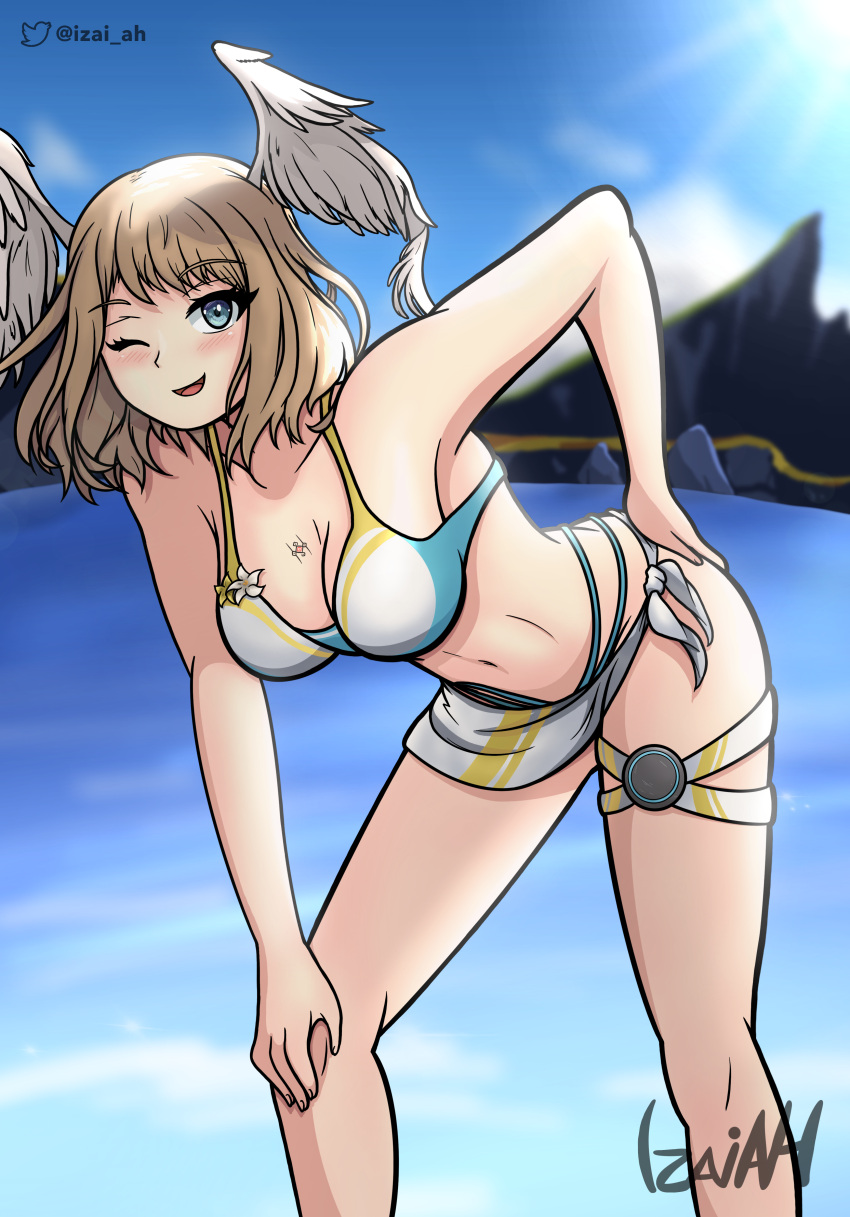 1girl 2022 alluring ass bare_legs beach bent_over big_breasts big_breasts big_breasts breasts cleavage eunie_(xenoblade) hand_on_hip hand_on_knee hand_on_own_knee high_res izai_ah izaiah_(artist) leaning_forward looking_at_viewer navel nintendo one_eye_closed pose posing sarong smile swimsuit tattoo thighs voluptuous wings wings_on_head wink xenoblade_(series) xenoblade_chronicles_3