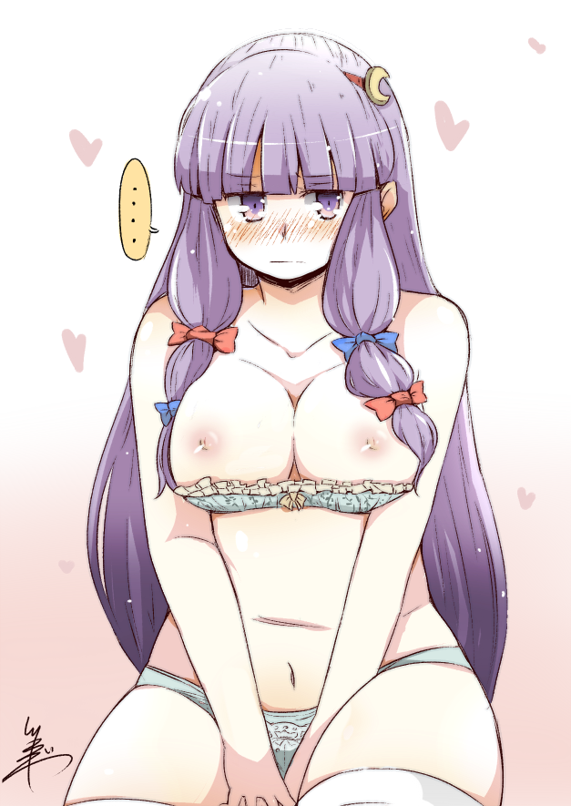 ... 1girl blue_bra blue_panties blush bra breasts cleavage collarbone crescent female gradient gradient_background hair_ornament hair_ribbon heart lace-trimmed_bra large_breasts long_hair looking_at_viewer navel nipples panties patchouli_knowledge plump purple_eyes purple_hair ribbon signature sitting solo thighhighs touhou tress_ribbon tsukigi underwear underwear_only v_arms very_long_hair
