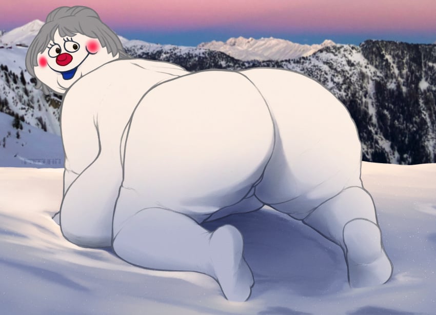 1girl 1girl animate_inanimate anthro band1tnsfw blush crystal_(frosty) digital_drawing_(artwork) digital_media_(artwork) elemental_creature female_anthro female_focus frosty_the_snowman grey_hair hair high_res mineral_fauna mountain overweight overweight_anthro overweight_female portrait rankin-bass red_nose snow snow_creature snowman snowwoman thick_thighs white_body white_skin wide_hips