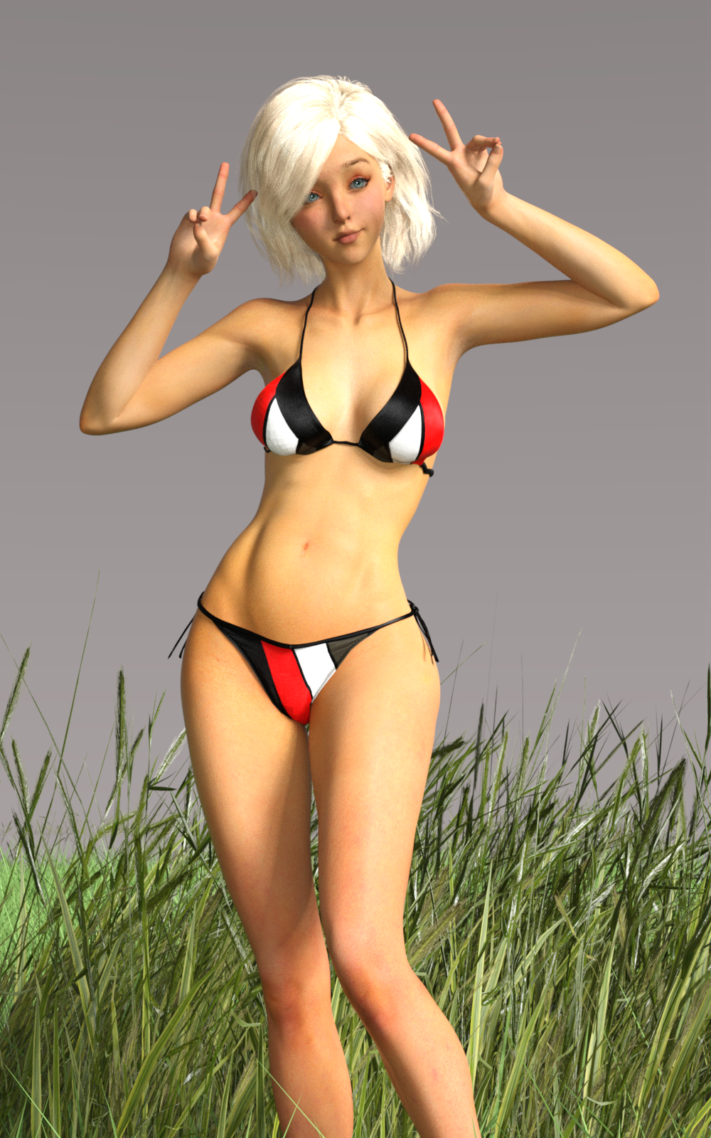 1girl 3d bikini blue_eyes grass non-nude original_character prettyshaboldy standing swimsuit white_hair