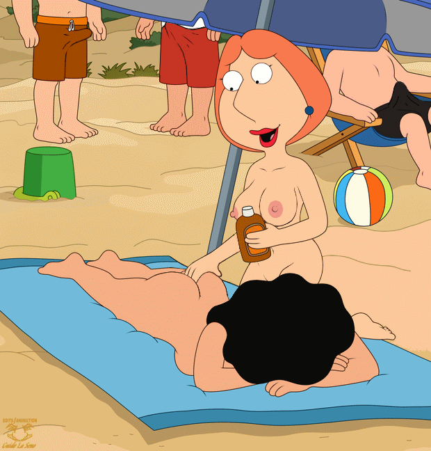 2_girls ass beach bonnie_swanson family_guy funny gif guido_l lois_griffin lotion rubbing