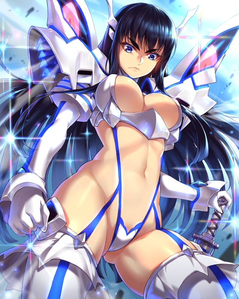 1girl black_hair blue_eyes breasts cleavage cleavage_cutout eyebrows frown gluteal_fold junketsu katana kill_la_kill kiryuuin_satsuki large_breasts living_clothes long_hair navel revealing_clothes solo suika01 suspenders sword thighhighs thighs weapon