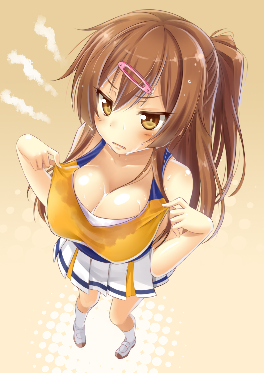1girl big_breasts blush breasts brown_eyes brown_hair cheerleader chuunibyou_demo_koi_ga_shitai! cleavage female foreshortening from_above hair_ornament hairclip highres kneehighs long_hair milk nibutani_shinka okitakung one_side_up open_mouth perspective ponytail shirt shoes skirt solo suggestive_fluid sweat uwabaki wet wet_clothes wet_shirt white_legwear