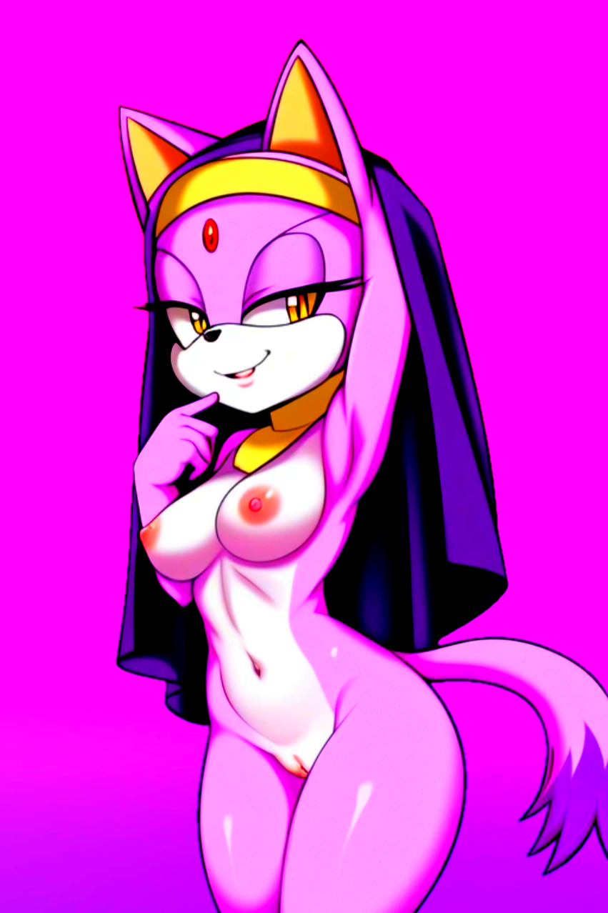 ai_generated blaze_the_cat breasts cat_ears cat_tail cleft_of_venus completely_nude furry furry_female horny naughty_face navel nipples nude nun pussy seductive_look sega simple_background sonic sonic_the_hedgehog_(series) yellow_eyes