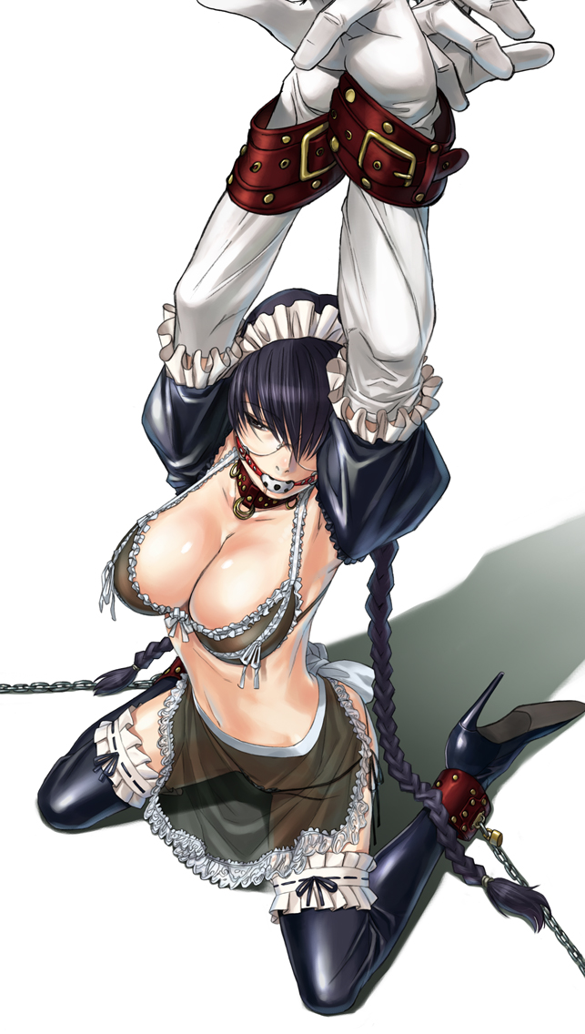 1girl arms_up ball_gag bdsm black_lagoon black_legwear bondage boots bound braid breasts chain chains cleavage collar cuffs female female_only gag gagged garters glasses gloves high_heels kneeling large_breasts long_hair maid navel official_art rei_hiroe roberta_(black_lagoon) see-through shoes simple_background solo thigh_boots thighhighs twin_braids very_long_hair white_background white_gloves