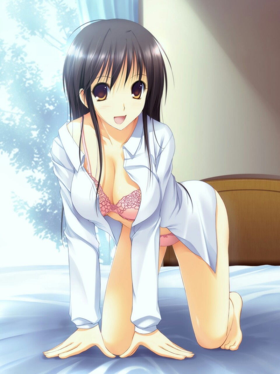 1_girl 1girl all_fours arm_support art artist_request bare_legs bed black_hair bra breasts brown_eyes cleavage collarbone curtains female game_cg indoors inside legs lingerie long_hair looking_at_viewer naked_shirt off_shoulder open_clothes open_mouth open_shirt panties pink_bra pink_panties room smile solo tiptoes window