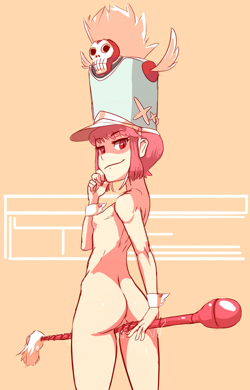 1girl anus ass back bare_back bare_shoulders baton crotch_rub female flat_chest from_behind grinding hands hat highres jakuzure_nonon kill_la_kill looking_back masturbation nipples nonon_jakuzure nude payot pink_hair polyle pussy pussy_juice red_eyes shako_cap short_hair sidelocks smile solo standing thigh_gap thighs uncensored winged_hat wrist_cuffs