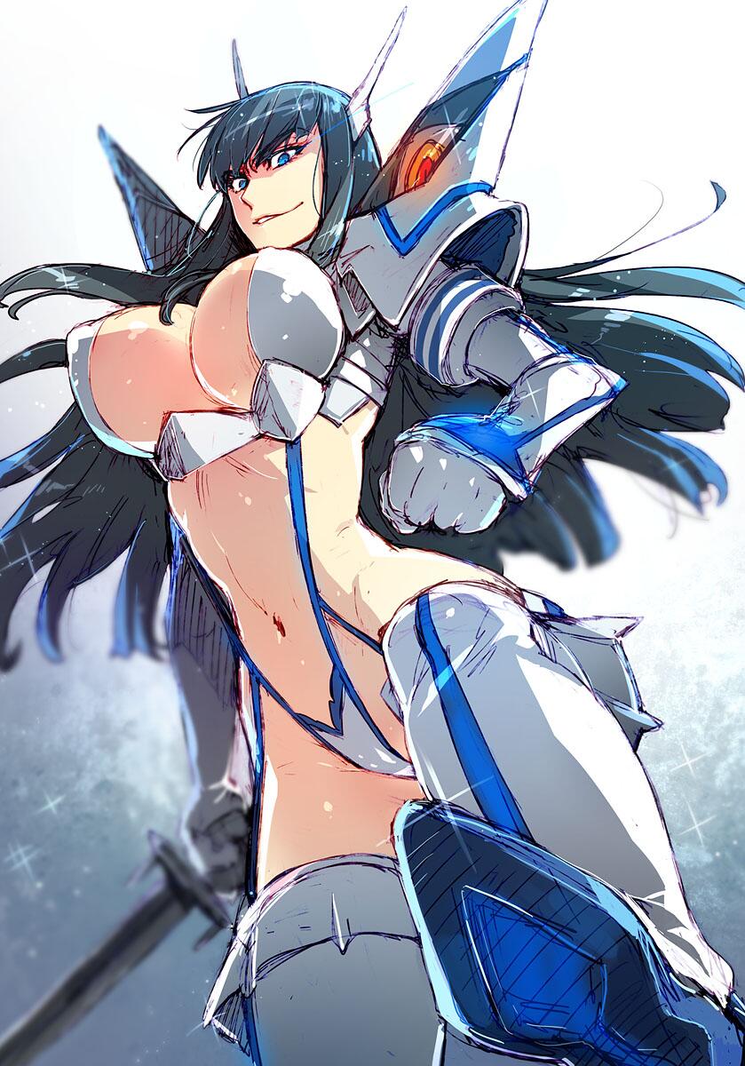 1girl black_hair boots breasts from_below highres junketsu kill_la_kill kiryuuin_satsuki large_breasts light_trail living_clothes long_hair navel redrop revealing_clothes rough sketch solo sword thigh_boots thighhighs underboob weapon