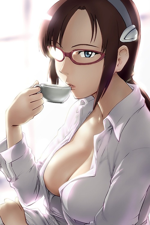 1_girl 1girl art big_breasts blue_eyes breasts brown_hair cleavage cup down_blouse drink drinking evangelion:_2.0_you_can_(not)_advance evangelion:_3.0_you_can_(not)_redo female glasses hair_ornament hairband holding long_hair long_sleeves looking_at_viewer mari_illustrious_makinami naked_shirt neck neon_genesis_evangelion open_clothes open_shirt rebuild_of_evangelion red-framed_glasses serious shirt solo teacup ueyama_michirou window