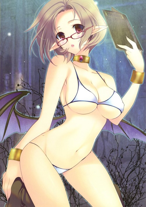 1girl :o absurdres arm_behind_back blurry blush book boots bra bracelet breasts brown_hair cleavage collar contrapposto covered_nipples cowboy_shot demon_girl demon_wings depth_of_field fingernails gem genkai_tokki_monster_monpiece glasses grey_hair groin head_tilt highres hip_bones holding holding_book huge_breasts jewelry kneeling kumatora_tatsumi large_breasts leaning long_fingernails long_pointy_ears looking_at_viewer low_wings lowleg lowleg_panties narrow_waist navel neck_ring official_art open_book open_mouth outline panties pointy_ears purple-framed_eyewear purple_eyes red_eyes short_hair skindentation solo standing string_panties succubus succubus_(genkai_tokki_monster_monpiece) underboob underwear underwear_only white_bikini white_bra white_panties wings