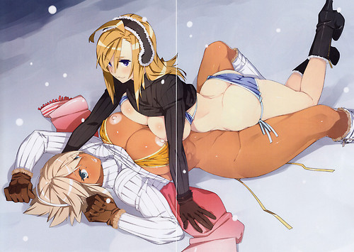 23_(real_xxiii) 2girls :3 absurdres ahoge ahoge_girl_(23) arm_support ass asymmetrical_docking big_breasts bikini bikini_top_only bikini_under_clothes blonde_hair blue_eyes blush boots breast_press breasts butt_crack chestnut_mouth clothes_lift couple crease dark-skinned_female dark-skinned_girl_(23) dark_skin earmuffs female girl_on_top gloves high_heel_boots high_heels highres huge_breasts interracial large_breasts light_areolae lips long_hair looking_at_viewer lying lying_on_person multiple_girls nipples no_panties no_pants on_back original pink_lips ribbed_sweater scan scan_artifacts scarf sela_(23) short_hair side-tie_bikini_bottom smile snow snowing sweater sweater_lift swimsuit thighs toned underwear ursula_(23) yuri