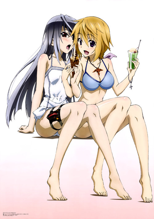 2_girls 2girls :d absurdres anno_masato arm arm_support arms art bare_arms bare_legs bare_shoulders barefoot bikini blonde blonde_hair blue_bikini blush body_blush bracelet breasts camisole casual_one-piece_swimsuit charlotte_dunois cleavage collarbone drink eyepatch feet female fingernails food friends full_body gradient gradient_background grey_hair hair_between_eyes hair_ribbon highres holding ice_cream infinite_stratos jewelry laura_bodewig legs long_fingernails long_legs looking_at_viewer medium_breasts midriff multiple_girls mutual_yuri neck necklace nyantype official_art one-piece_swimsuit open_mouth pendant ponytail purple_eyes purple_ribbon red_eyes ribbon scan sharing_food shiny shiny_skin silver_hair simple_background sitting small_breasts smile swimsuit thigh_strap tiptoes tongue tongue_out very_long_hair yuri