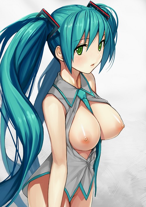 1girl aqua_hair arm arms art babe bare_legs between_breasts big_breasts blush bottomless breasts breasts_out breasts_outside collared_shirt female green_eyes hair_ornament hatsune_miku high_res highres large_breasts legs lips looking_at_viewer matsui_hiroaki miku_hatsune mound_of_venus neck necktie nipples no_panties open_clothes open_mouth parted_lips shiny shiny_hair shiny_skin shirt sleeveless sleeveless_shirt solo twin_tails very_long_hair vocaloid