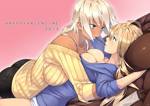 10s 2013 23_(real_xxiii) 2_girls ahoge ahoge_girl_(23) bare_shoulders big_breasts blonde_hair blue_eyes blush breast_press breasts cleavage collarbone couple cross cross_necklace dark-skinned_female dark-skinned_girl_(23) dark_skin english_text eye_contact female food happy_valentine heart hentai highres huge_breasts interracial jewelry lips long_hair looking_at_another lying multiple_girls necklace off-shoulder_sweater off_shoulder on_back original pocky pocky_kiss real_xxiii ribbed_sweater sela_(23) shared_food short_hair shorts sleeves_pushed_up sweater symmetrical_docking ursula_(23) valentine white_hair wife_and_wife yuri