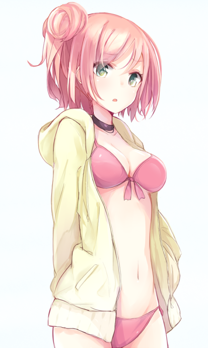 bikini blush breasts choker cleavage female front-tie_bikini front-tie_top green_eyes hair_bun hood hoodie kojiki-life looking_at_viewer my_teen_romantic_comedy_snafu navel open_clothes open_hoodie open_mouth pink_hair short_hair simple_background solo swimsuit white_background yuigahama_yui