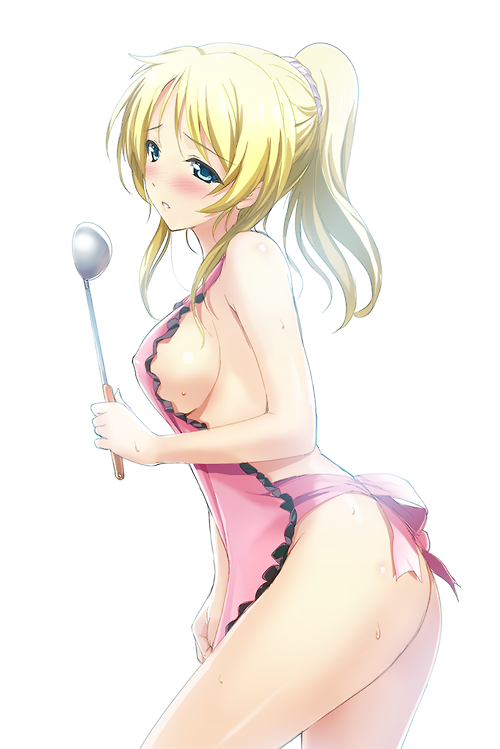 1_girl 1girl apron aqua_eyes arm art ass ayase_eli babe bare_legs bare_shoulders big_breasts blonde blonde_hair blue_eyes blush breasts covered_nipples female flat_ass from_side high_res highres holding ladle large_breasts leaning leaning_forward legs long_hair looking_at_viewer love_live! love_live!_school_idol_project naked_apron onigirikun parted_lips ponytail scrunchie shiny shiny_hair shiny_skin shy sideboob simple_background solo standing sweat sweating white_background