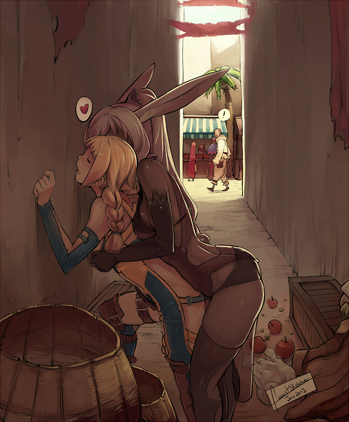 ! 136 2girls against_wall alley animal_ears apple arm arm_support arms art ass babe bag bare_shoulders barrel blonde blonde_hair blush braid breast_grab breast_press breasts bunny_ears closed_eyes dark_skin detached_sleeves elbow_gloves faustsketcher female final_fantasy final_fantasy_xii fingering fingerless_gloves food fran from_behind fruit gloves hair heart highres hug hug_from_behind hugging interracial leaning leaning_forward legs long_hair love market moaning multiple_girls open_mouth penelo ponytail public shopping_bag silver_hair spoken_exclamation_point spoken_heart thighhighs twin_braids viera yuri