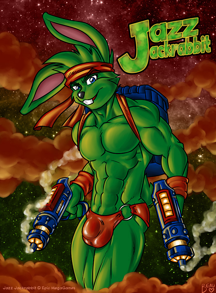 1boy 2008 abs accessory anthro anthro_only backpack beau biped black_nose blaster blue_eyes buckteeth bulge clothed clothing epic_games front_view furry genital_outline green_body green_fur green_hair gun hair hare headband holding_gun holding_object holding_weapon jazz_jackrabbit jazz_jackrabbit_(character) lagomorph lapinbeau leporid looking_at_viewer male male_only mammal muscular muscular_anthro muscular_male pecs penis_bulge penis_outline portrait ranged_weapon smile solo space standing teeth three-quarter_portrait topless topless_anthro topless_male weapon