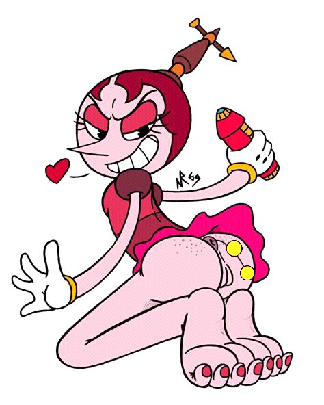 1girl anal_beads cuphead_(game) evil_grin feet flat_chest hilda_berg pointy_nose puffy_anus pussy red_hair small_breasts