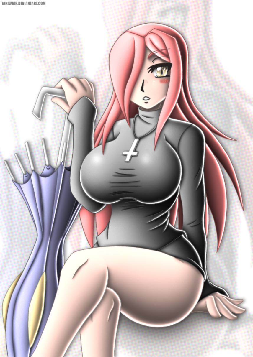 1girl arm_support blush breasts cross crossed_legs erin_fitzgerald hair_over_one_eye huge_breasts lab_zero_games large_breasts legs long_hair looking_at_viewer parasoul_(skullgirls) parted_lips red_hair religion simple_background sitting skullgirls sleeves_past_wrists sweater_dress takilmar thick_thighs thighs umbrella vaginal wide_hips yellow_eyes